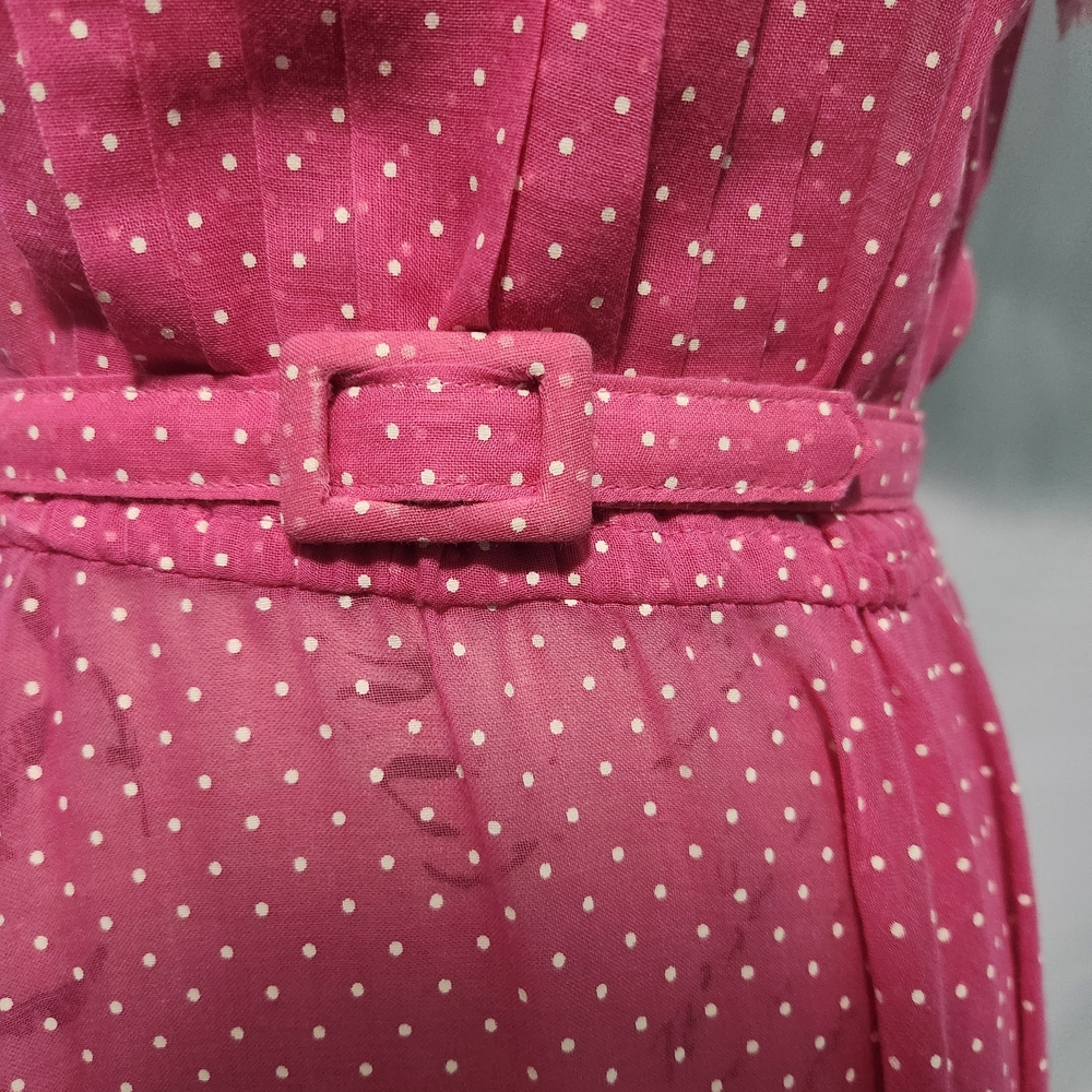 Vintage Montgomery Ward Pink Polka Dot Sheer Button Dress w Belt. Size 11. - Picture 4 of 13